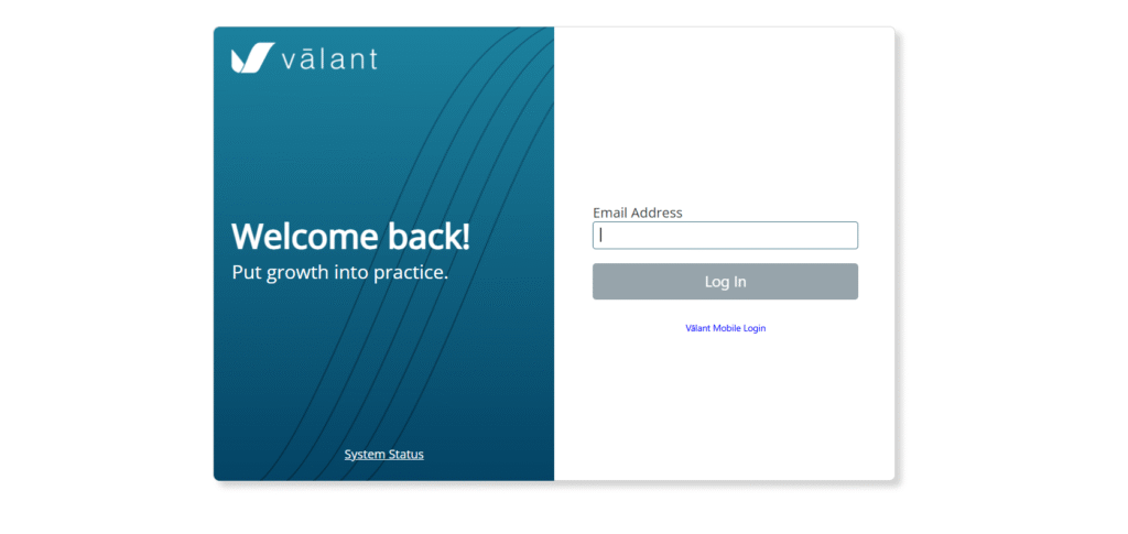 Valant io provider login page at ehr.valant.io showing Welcome back email address field Log In button and Valant Mobile Login link for clinicians and practice staff