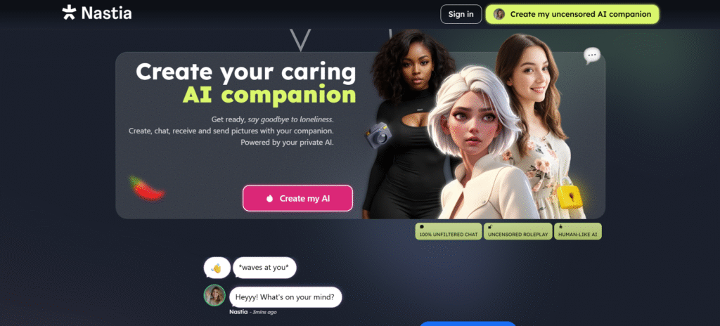 Nastia AI homepage featuring a banner promoting a caring AI companion with illustrated and photo-realistic characters, a “Create my AI” button, and example chat messages introducing the AI.