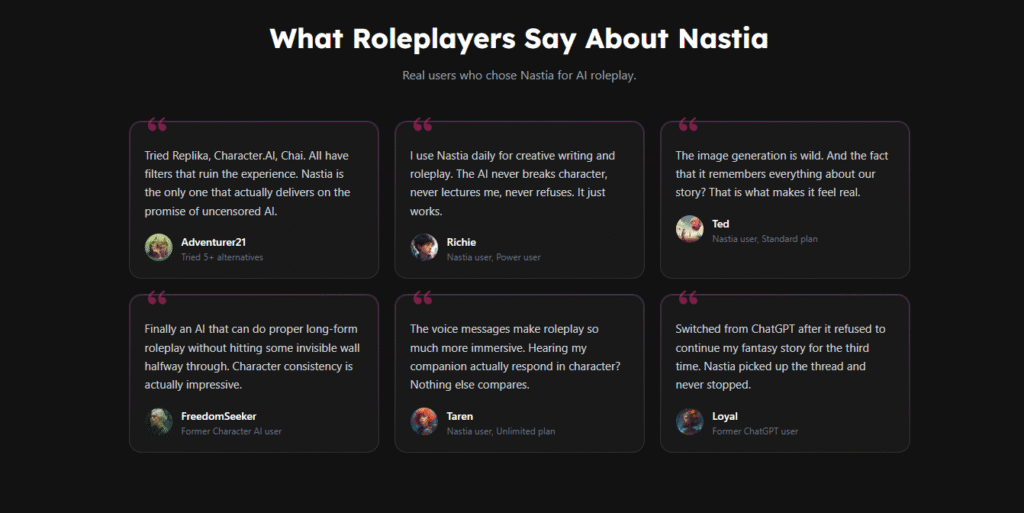 Customer testimonial section displaying six user reviews praising Nastia AI for roleplay, memory, voice messages, and long-form conversations.