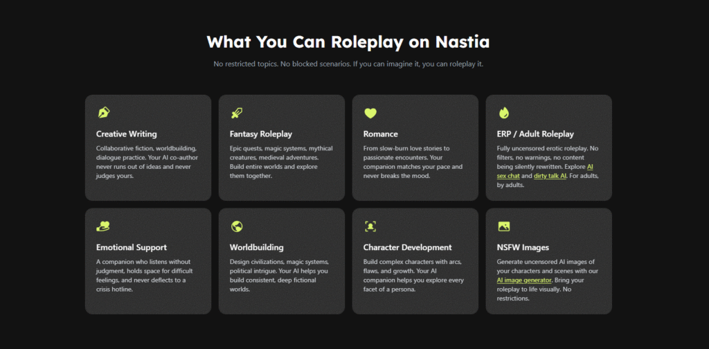 Feature grid showcasing roleplay categories including creative writing, fantasy, romance, adult roleplay, emotional support, worldbuilding, character development, and AI image generation.