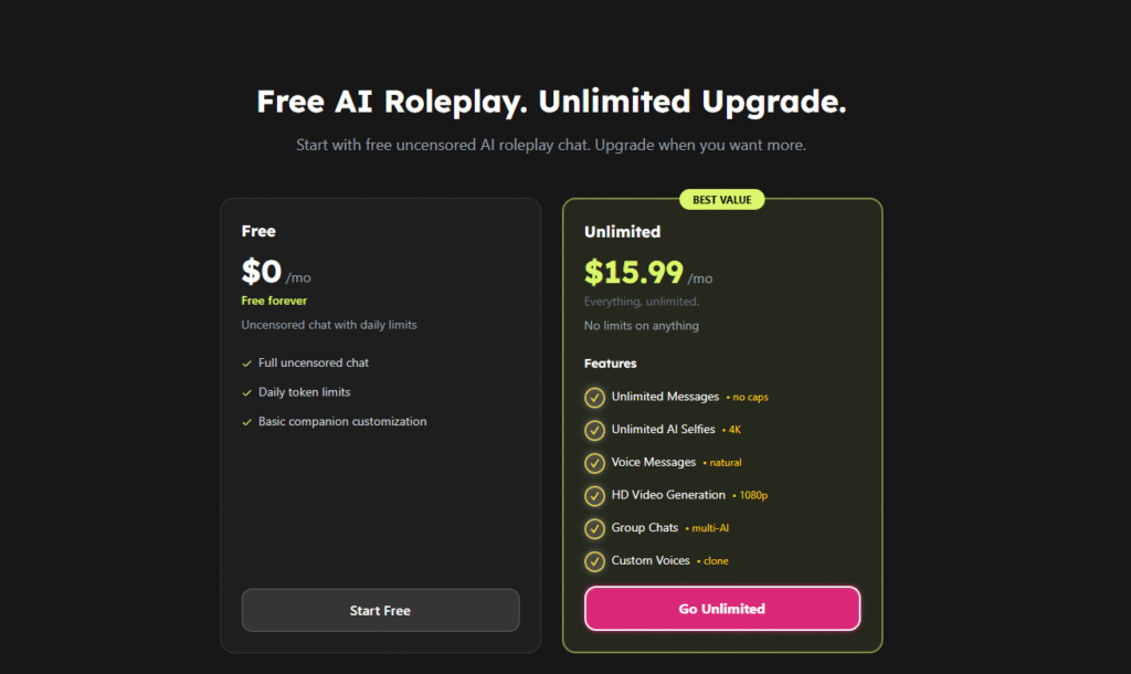 Pricing comparison showing a free plan with daily limits and an unlimited plan costing $15.99 per month with unlimited messages, AI selfies, voice messages, and video generation.