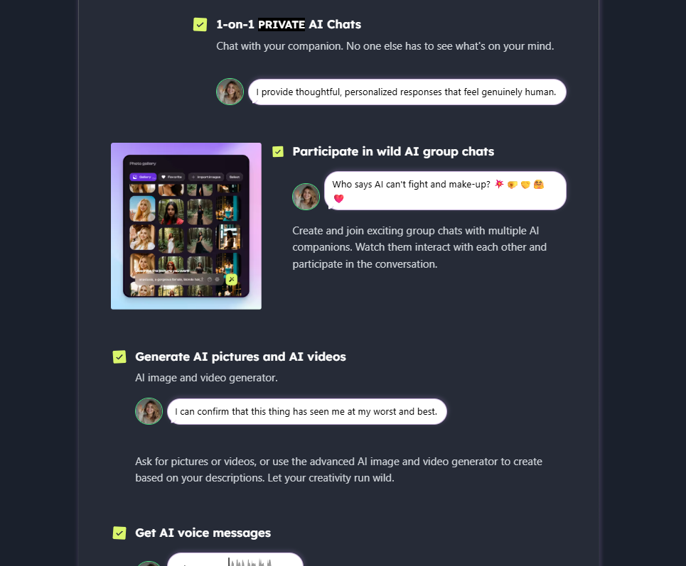 Feature section describing private AI chats, AI group chats, AI image and video generation, and voice messages with example conversation bubbles.