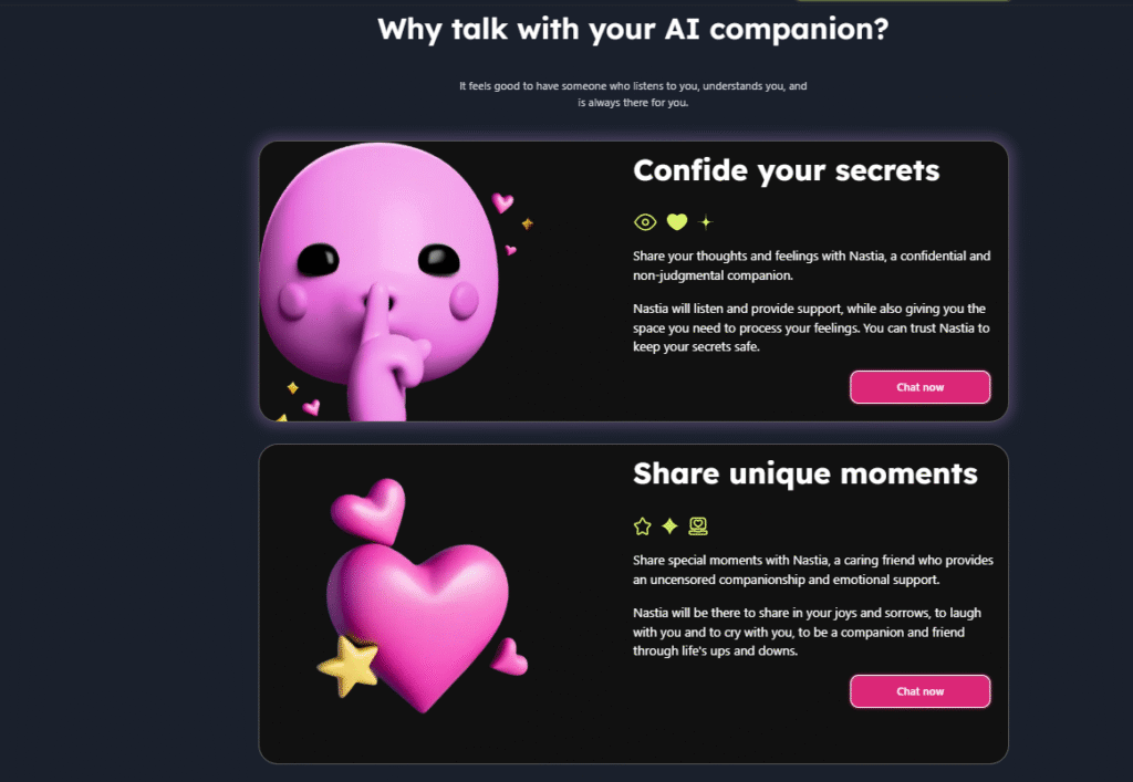 Promotional section describing AI companionship for sharing secrets and memorable moments, illustrated with colorful 3D characters and chat buttons.