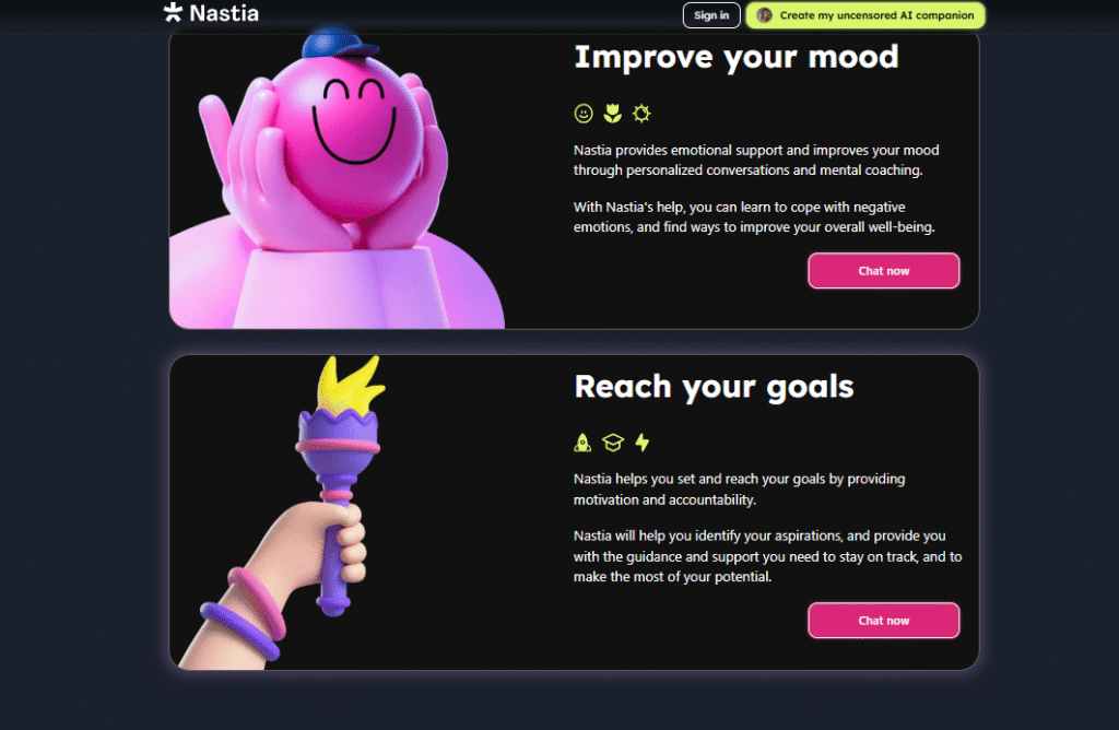 Promotional section highlighting emotional support, mood improvement, and goal achievement with colorful 3D illustrations and call-to-action buttons.