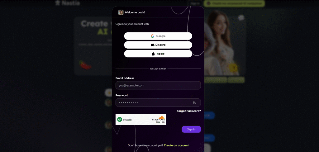 Nastia AI sign-in window offering Google, Discord, Apple, and email login options with password entry and Cloudflare verification.