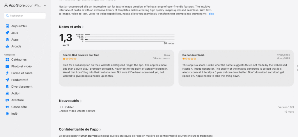 Apple App Store review page showing a 1.3-star rating, user reviews warning about poor quality and possible scams, and recent app update information.