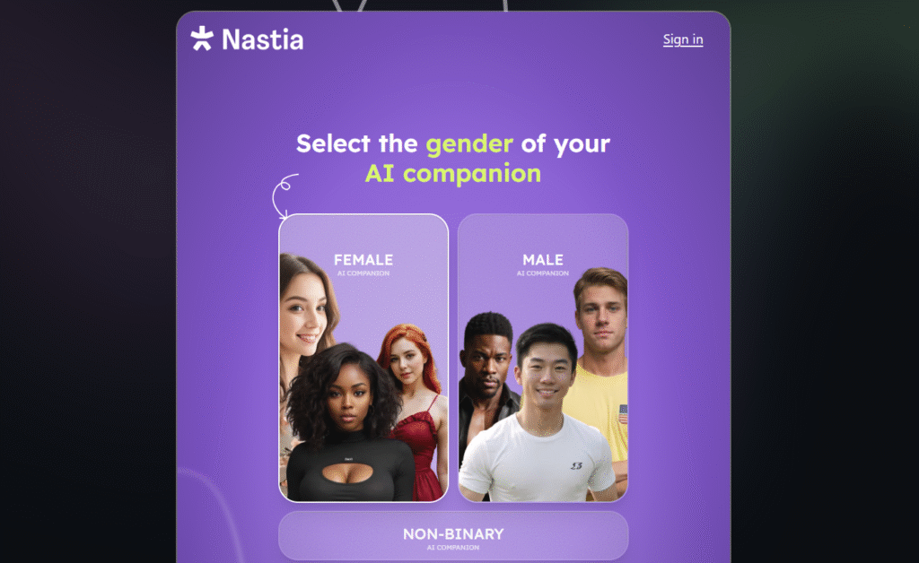 AI companion setup screen asking users to choose a female, male, or non-binary AI companion.