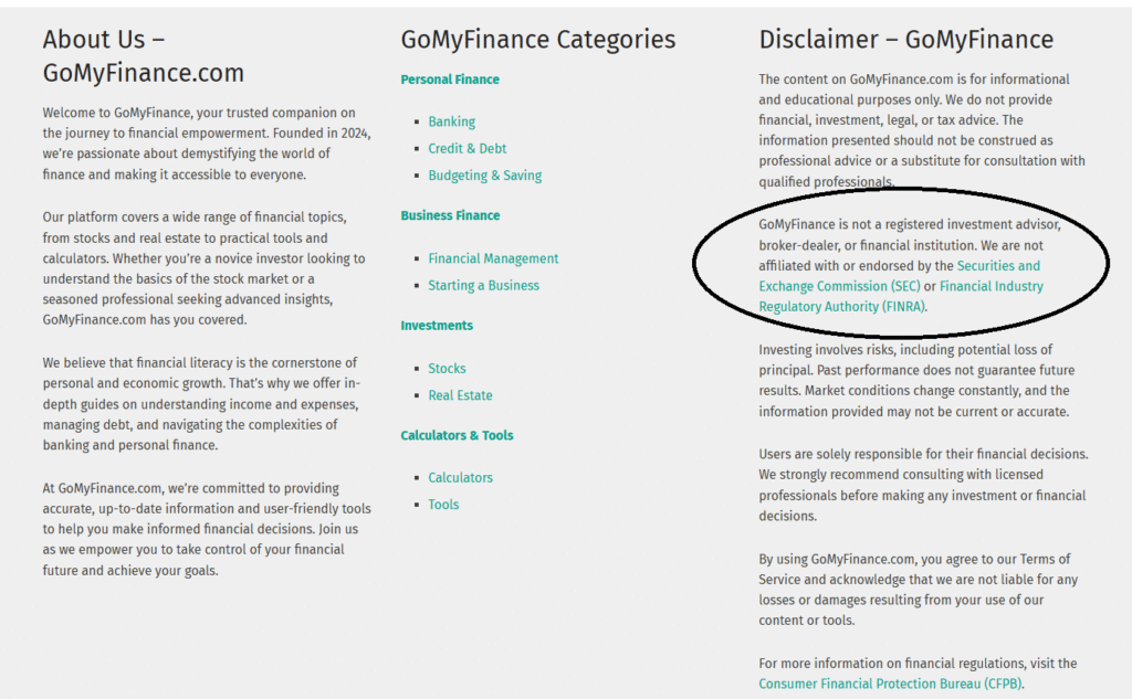 GoMyFinance.com footer showing About Us description, content categories including Personal Finance and Investments, and disclaimer confirming no SEC or FINRA affiliation
