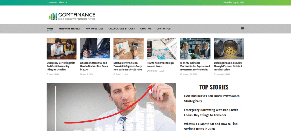 GoMyFinance.com homepage showing news-style layout with Personal Finance and For Investors navigation menu