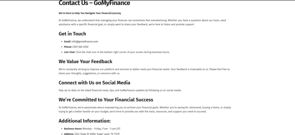 GoMyFinance.com Contact page showing email address info@gomyfinance.com phone number 281-566-2500 and Sugar Land Texas address