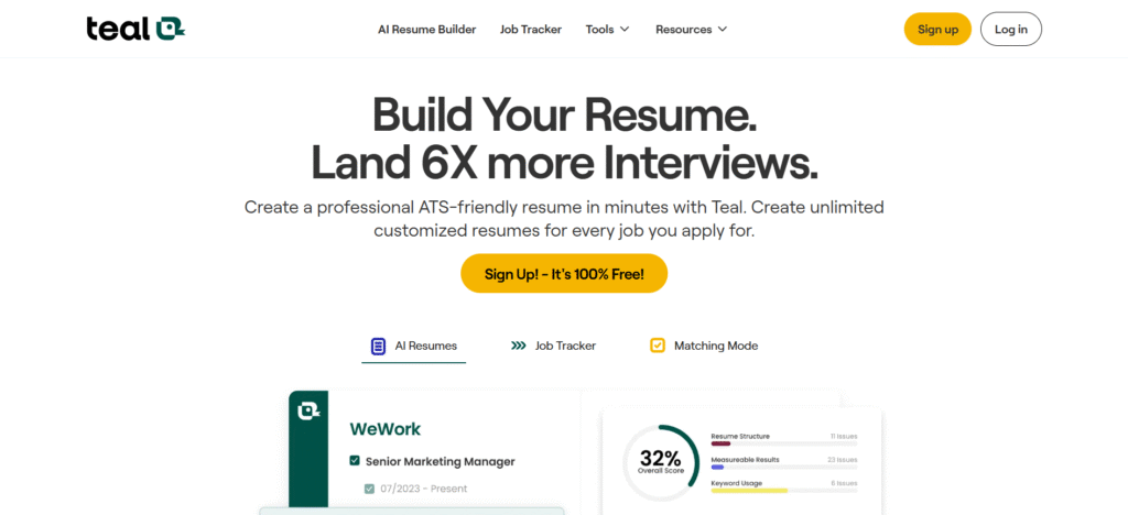 Teal AI Resume Builder homepage with ATS-friendly resume creation, job tracker, and AI resume tools.