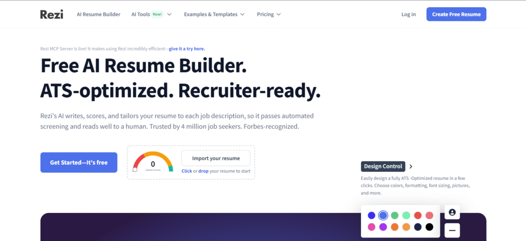 Rezi AI Resume Builder homepage showcasing ATS-optimized resume creation and recruiter-ready resume tools.
