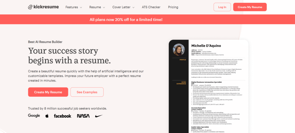 Kickresume homepage featuring AI resume builder, customizable resume templates, and resume examples.