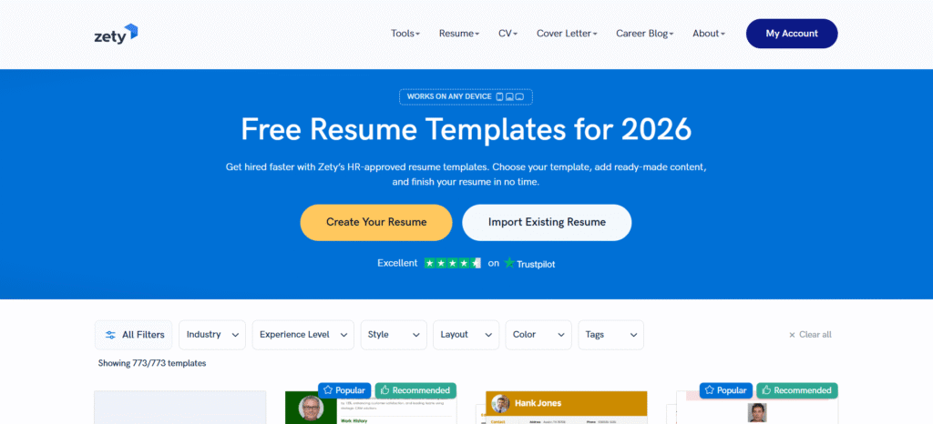 Zety resume templates page displaying free resume templates, template filters, and resume builder options.