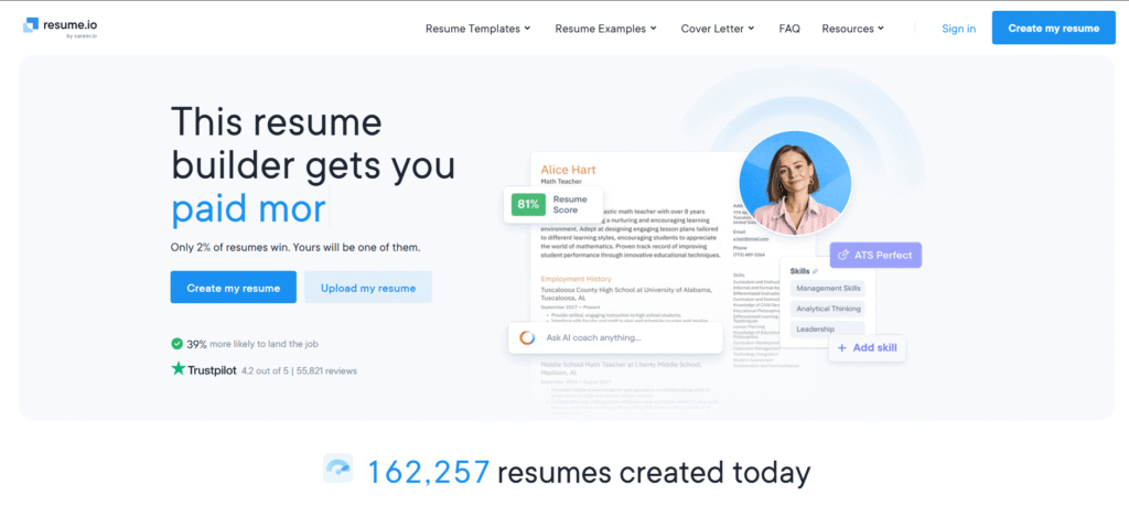 Resume.io homepage featuring AI-powered resume builder, ATS resume score, and resume optimization tools.