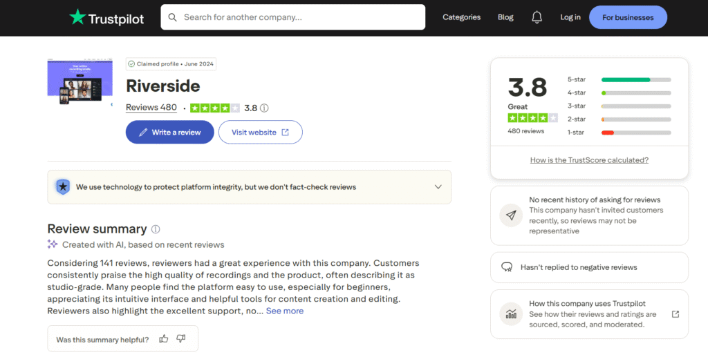 Riverside Trustpilot rating page showing a 3.8 out of 5 score from 480 reviews