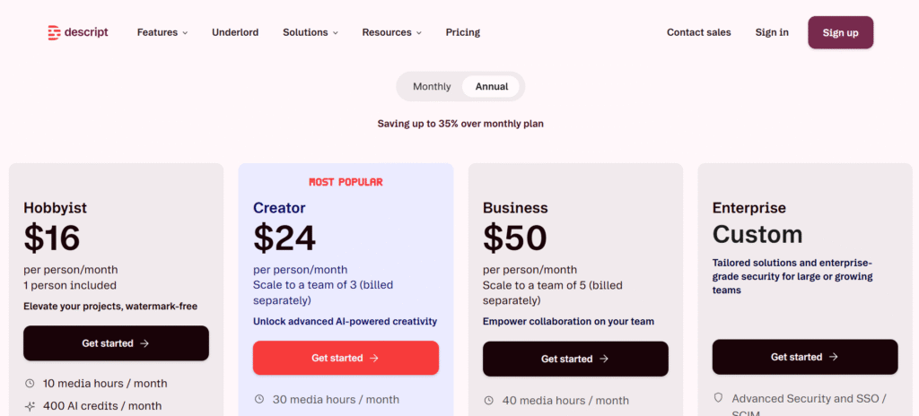 Descript pricing page showing Free, Hobbyist, Creator, and Business plans