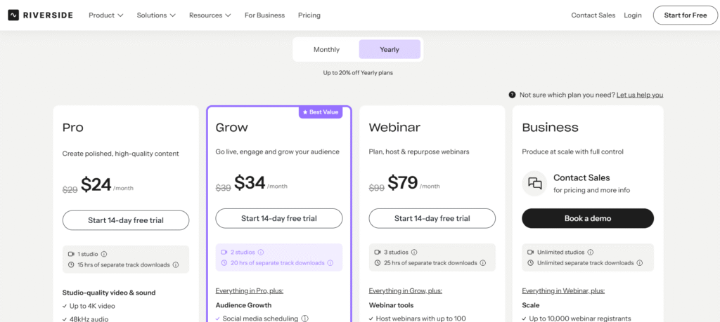 Riverside pricing page showing Pro, Grow, Webinar, and Business plans