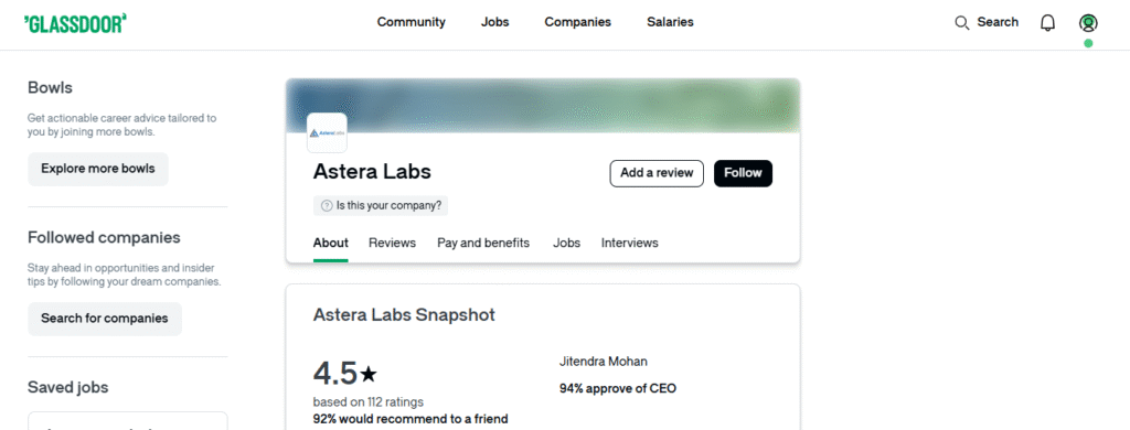 Astera Labs Glassdoor profile showing 4.5 star rating based on 112 reviews, 92% would recommend to a friend, and 94% CEO approval for Jitendra Mohan