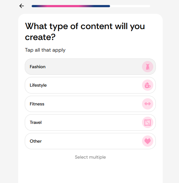 Foxy AI onboarding screen asking what type of content you will create, with options for Fashion, Lifestyle, Fitness, Travel, and Other