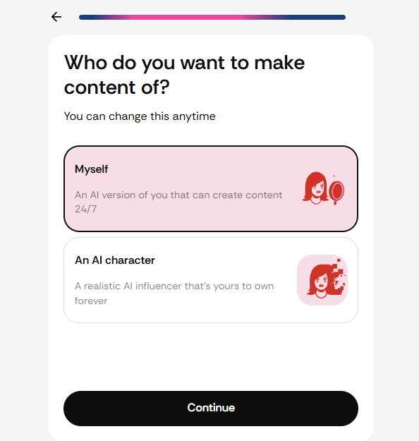 Foxy AI onboarding screen asking whether to build a personal AI twin or an AI character