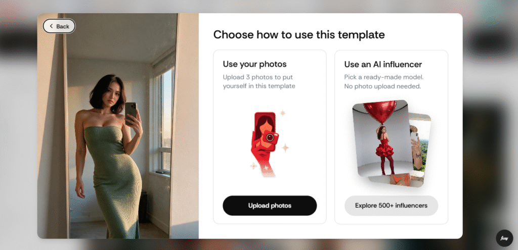 Foxy AI template screen offering a choice between your own photos or a ready-made AI influencer
