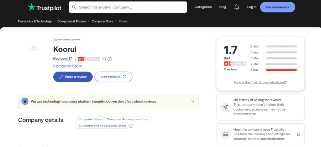 Koorui Trustpilot profile showing 1.7 out of 5 rating from 17 reviews with predominantly 1-star reviews