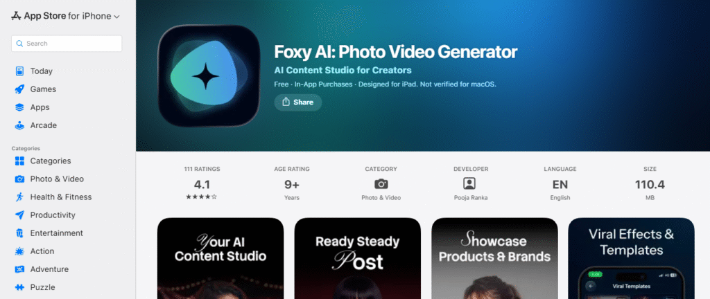 App Store listing for the unrelated Foxy AI photo video generator app by developer Pooja Ranka