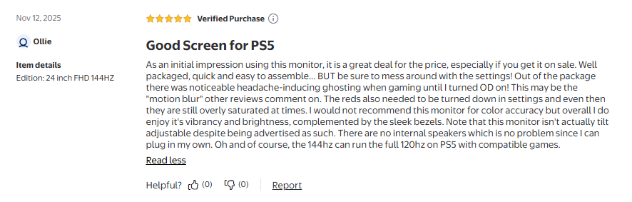 Five-star Walmart verified purchase review of Koorui 24-inch monitor noting ghosting before overdrive adjustment and oversaturated default color settings