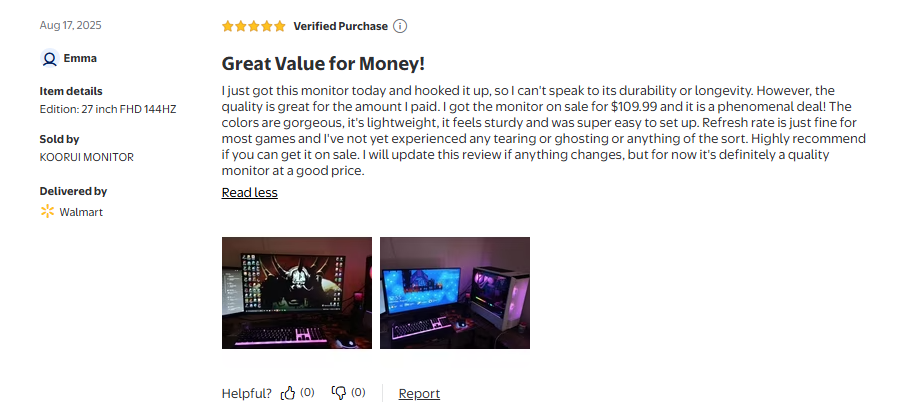 Five-star Walmart verified purchase review of Koorui 27-inch monitor praising color quality and value at $109.99 sale price