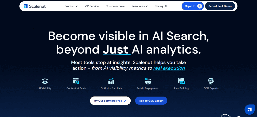 Scalenut AI Search Optimization platform homepage featuring AI visibility, content creation, LLM optimization, Reddit engagement, and link building tools.
