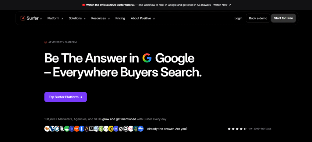 Surfer SEO homepage promoting AI visibility platform to improve Google rankings and become the answer across AI search engines.