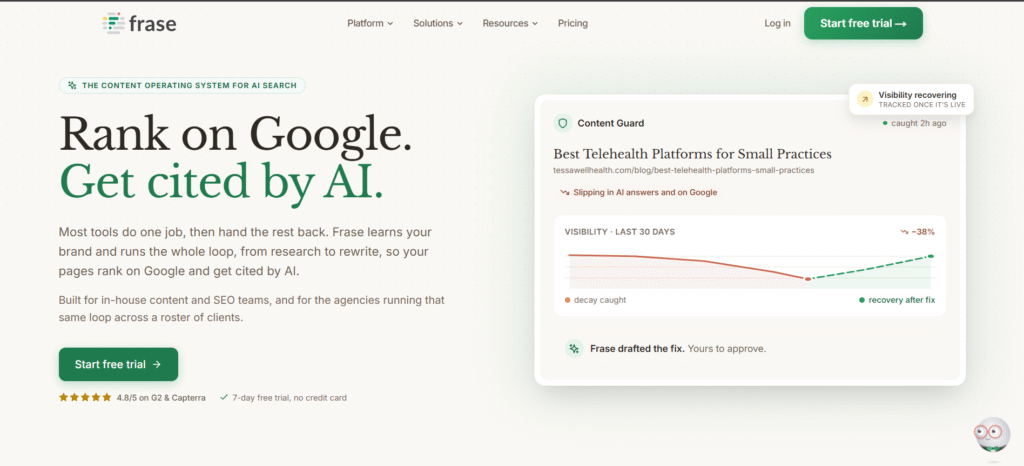 Frase AI content optimization platform homepage highlighting Google rankings, AI citations, content research, and SEO workflow automation.