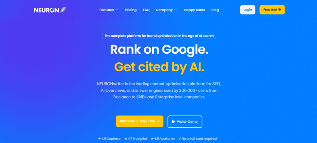NeuronWriter homepage showcasing AI-powered content optimization for SEO, Google rankings, AI Overviews, and answer engine visibility.