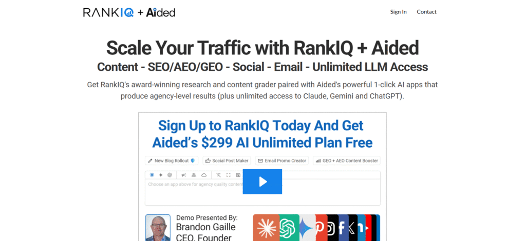 RankIQ + Aided homepage showcasing an AI-powered SEO and content marketing platform with tools for SEO, AEO, GEO, social media, email marketing, and unlimited LLM access, plus a promotional demo video and free AI plan offer.
