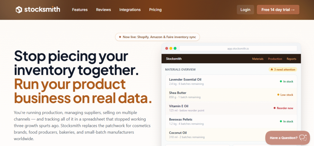 Stocksmith inventory management homepage showing materials overview dashboard for small manufacturers