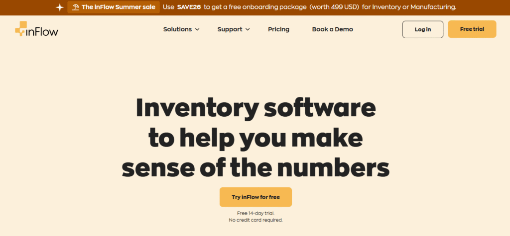 inFlow Inventory homepage showing free 14-day trial offer for small business inventory software