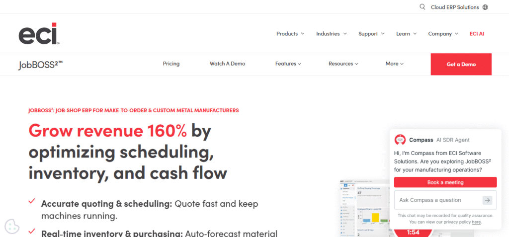 JobBOSS² job-shop ERP homepage on ECI Solutions showing make-to-order manufacturing features