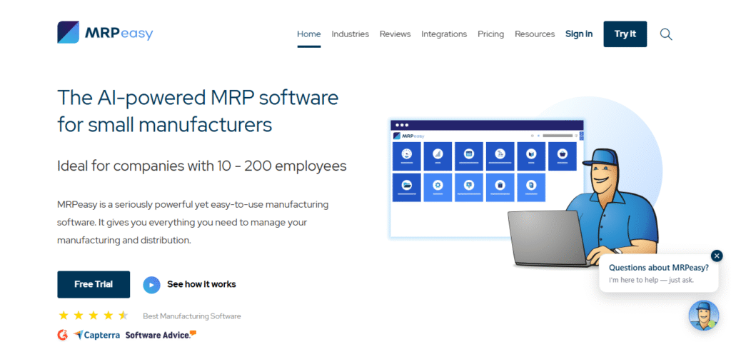 MRPeasy homepage showing AI-powered MRP software for small manufacturers with 10 to 200 employees