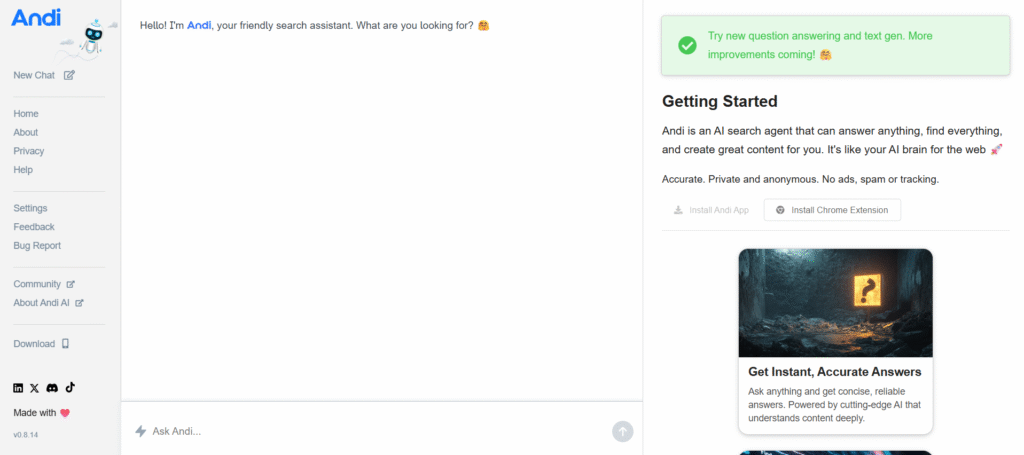 Andi AI search assistant interface with chat window, sidebar navigation, and getting started guide.