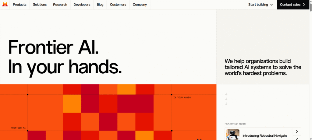 AI platform homepage with a bold "Frontier AI. In your hands." headline, top navigation menu, colorful grid graphic, and featured news section.