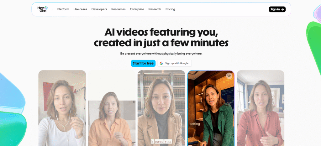 HeyGen AI video platform homepage showing AI avatar video creation interface with sample digital twin videos