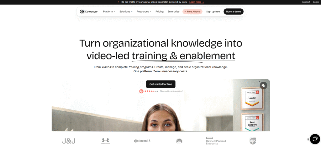 Colossyan homepage showing AI video training and enablement platform with G2 Leader and Best Support badges
