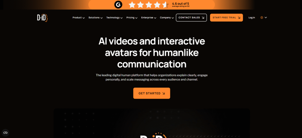 D-ID homepage showing AI video and interactive avatar platform with 4.6 out of 5 G2 rating banner
