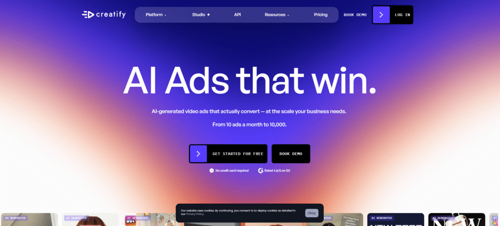 Creatify AI ads platform homepage with Get Started for Free button and 4.8 out of 5 G2 rating