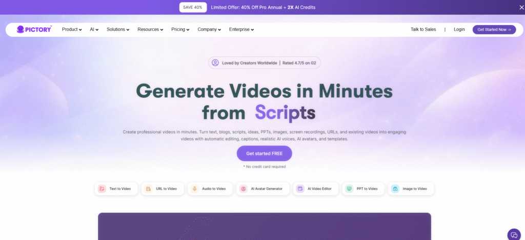 Pictory AI video generator homepage showing text to video script to video and URL to video input options