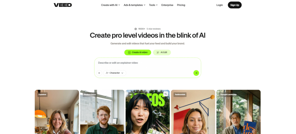VEED AI video editor homepage showing Create AI video and AI Edit options with sample creator videos