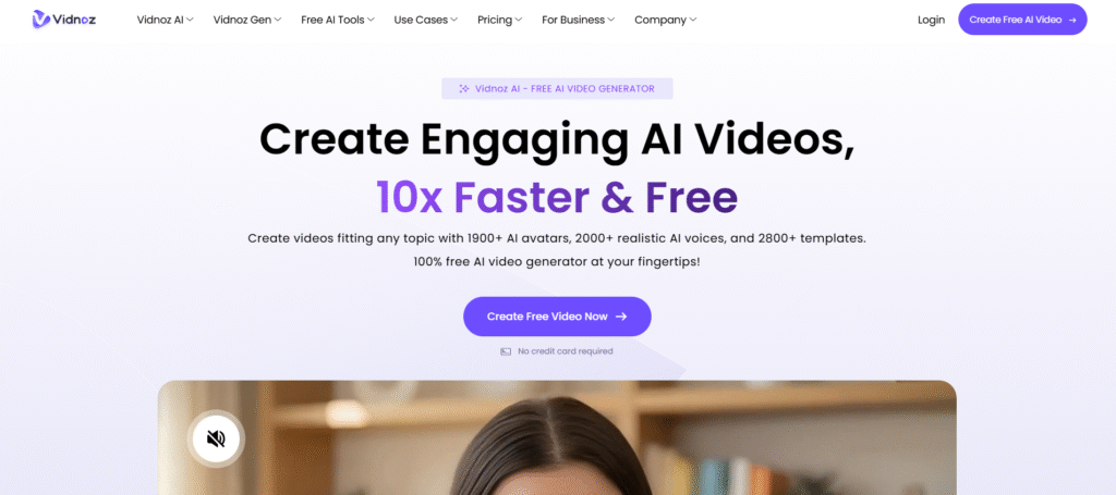 Vidnoz AI free video generator homepage with Expressive Avatar popup showing emotion and gesture capabilities