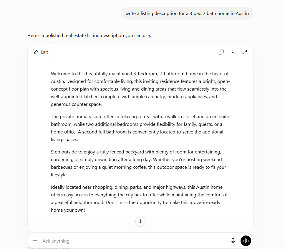 Screenshot of a ChatGPT conversation generating a listing description for a 3-bedroom, 2-bathroom home in Austin.