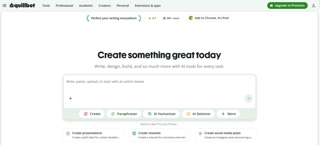 QuillBot homepage showcasing an AI writing workspace with tools including Create, Paraphraser, AI Humanizer, and AI Detector.